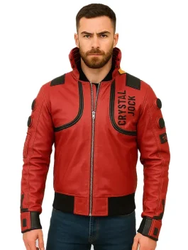 Front view of the red Cyberpunk Akira capsule jacket. This Akira capsule logo motorcycle jacket features "CRYSTAL JOCK" text.
