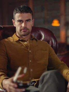 Eddie Horniman brown button up shirt worn by Theo James, a relaxed yet powerful casual brown shirt outfit in The Gentlemen.