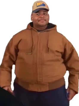 Fanum AAMP brown jacket close-up. The popular YouTuber in his signature Fanum brown hooded jacket for his NYC style.