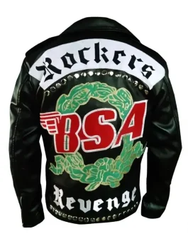 Back view of George Michael's Rockers Revenge moto leather jacket showing the embroidered 