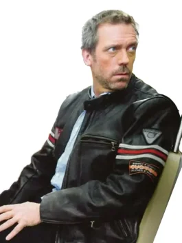 Hugh Laurie House MD leather jacket scene still, rugged mens TV series jacket closeup