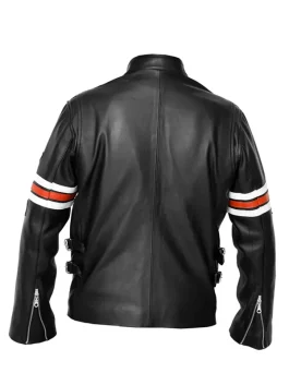 Side view House MD black leather jacket, Hugh Laurie casual biker outfit with striped sleeves