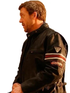 Back view House MD leather jacket replica, black biker style with orange and white arm stripes