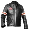 House MD Biker Leather Jacket on Hugh Laurie, casual seated look in black TV series motorcycle style