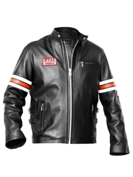 House MD Biker Leather Jacket on Hugh Laurie, casual seated look in black TV series motorcycle style