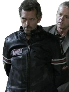 Front view House MD motorcycle style leather jacket, mens TV series outfit with sporty stripes
