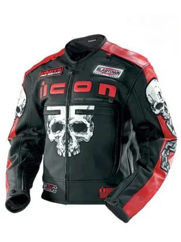 Front view icon motorhead Black Biker Jacket with skull graphic, red panels and racing style