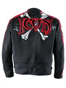 Back of Icon Motorhead racing leather jacket featuring ICON logo and crossbones graphic on black