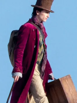 Iconic Wonka jacket, a long purple coat worn by Willy Wonka in the fantasy movie.