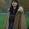 Scodelario Brown Fur Coat Glass in The Gentlemen Netflix series wearing a brown fur coat with a fur collar.