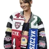 Kristin Juszczyk Super Bowl 2024 Varsity Jacket. A multi-colored custom Kyle Juszczyk wife jacket with large patches.