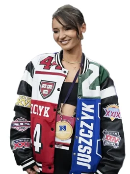 Kristin Juszczyk Super Bowl 2024 Varsity Jacket. A multi-colored custom Kyle Juszczyk wife jacket with large patches.
