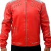Michael Jackson Beat It Jacket rear view. Red leather jacket with multiple silver zippers on the back and shoulders.