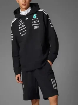 Model wearing the Adidas Mercedes AMG Petronas Formula 1 fan hoodie in black, perfect casual wear and street style.