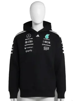Black Adidas Mercedes AMG Petronas Formula One Team hoodie on a White Mannequin (back view) with large PETRONAS CROWDSTRIKE text. F1 racing hoodie mens fan gear.