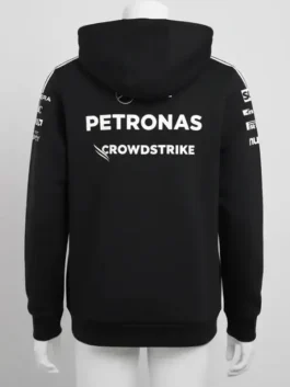 Black Adidas Mercedes AMG Petronas Formula One Team hoodie on a White Mannequin (back view) with large PETRONAS CROWDSTRIKE text. F1 racing hoodie mens fan gear.