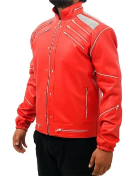 Full front view of the Beat It inspired red leather jacket. This is the classic Michael Jackson Beat It red jacket design.