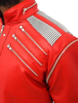 Full front view of the Beat It inspired red leather jacket. This is the classic Michael Jackson Beat It red jacket design.