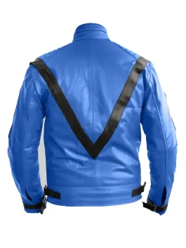 Rear view of a Michael Jackson royal blue jacket showing the large black V-shape and waist buckles.