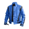 Frontal view of the Thriller Blue Leather Jacket with black V-stripes and a high collar.