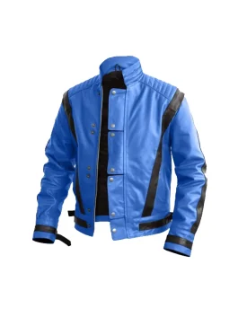 Frontal view of the Thriller Blue Leather Jacket with black V-stripes and a high collar.
