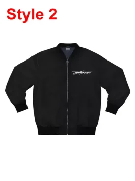 Front of the Narcissist Black Bomber Jacket with "VSECURITY" text and an orange inner lining. A streetwear bomber jacket.