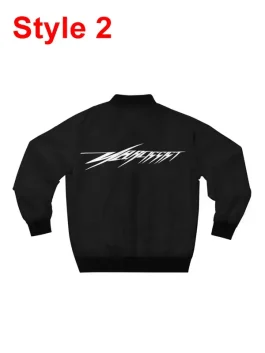 Front view of a simple Narcissist inspired bomber jacket with a small, stylized graphic logo. Casual fashion bomber.