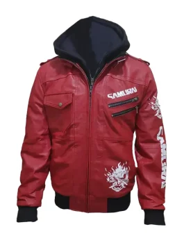 Front view of the hooded cyberpunk 2077 samurai jacket Red. Features Samurai logos on the chest and sleeve. Part of the cyberpunk 2077 samurai merch Red
