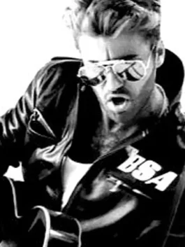 George Michael playing guitar in a Rockers Revenge studded leather jacket from the 