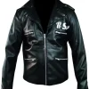 Front view of the Rockers Revenge jacket with silver zippers and "BSA" print, 80s leather jacket style.