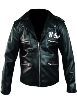 Front view of the Rockers Revenge jacket with silver zippers and "BSA" print, 80s leather jacket style.