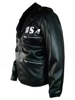Side view of the black Rockers Revenge black leather jacket with zipper details and 