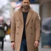 Ryan Eggold My Secret Santa Wool Coat. Elegant brown double-breasted overcoat worn