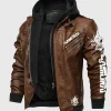 Front view of a brown hooded mens cyberpunk jacket. Features white 'SAMURAI' graphics on the chest and sleeve, inspired by cyberpunk 2077 jackets.