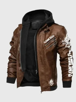 Front view of a brown hooded mens cyberpunk jacket. Features white 'SAMURAI' graphics on the chest and sleeve, inspired by cyberpunk 2077 jackets.