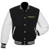 Detailed shot of the blue and black V’s Cyberpunk varsity jacket, a unique colorway of the Cyberpunk 2077 varsity jacket.