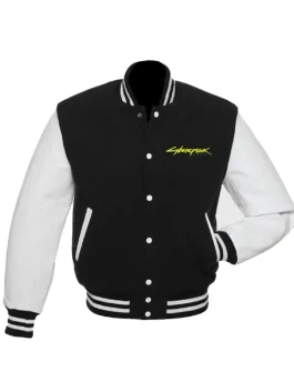 Detailed shot of the blue and black V’s Cyberpunk varsity jacket, a unique colorway of the Cyberpunk 2077 varsity jacket.