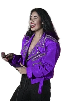 Mannequin display of the famous Selena purple rhinestone jacket, a belted bustier jacket biker style.
