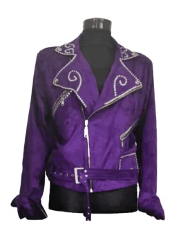 Selena Quintanilla wearing her iconic purple jacket with rhinestone accents and matching bustier outfit.