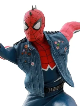 Spider Punk sleeveless denim jacket closeup, distressed blue vest with Marvel punk emblem patch