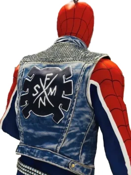 Spider Punk Marvel cosplay vest detailed shot, punk rock denim jacket with spikes and badges