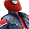 Spider Punk vest front view, Marvel punk rock style sleeveless denim jacket with pins and studs