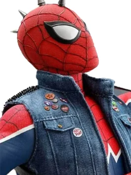 Spider Punk vest front view, Marvel punk rock style sleeveless denim jacket with pins and studs