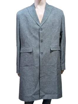 Product display of the Theo James gray trench coat, highlighting the button cuffs and pocket details.
