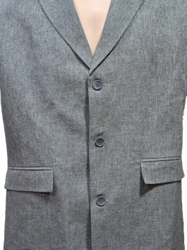 A sleek, gray long-line trench coat with a professional suiting texture and structured shoulders.