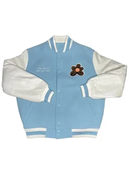 Front of the Tyler the Creator blue varsity jacket featuring a flower patch and Call Me If You Get Lost text.