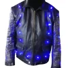 Front view of the black leather Chris Jericho light up Y2J jacket featuring studs and glowing blue lights.