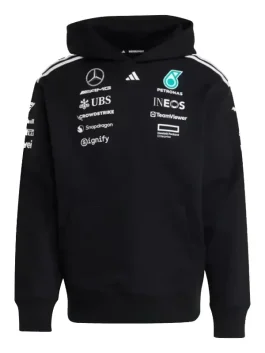 Formula One Team Adidas hoodie Front view of the Mercedes AMG Petronas Hoodie black with all the main sponsor logos visible.