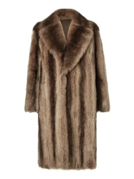 Full length heavy raccoon style faux fur Coat for men, providing warmth in a dramatic, long winter style.