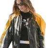 Hailey Biebers Hailey Bieber Yellow Leather Jacket airport look, a cropped biker style.